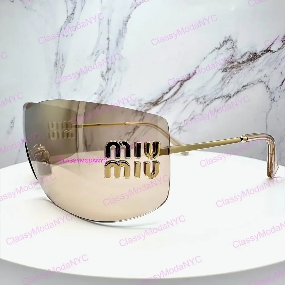New MIU MIU Aube Sunglasses Gold Light Brown Mirror Bronze Rimless Wrap Womens